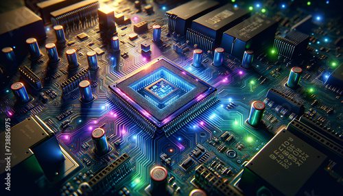 Vibrant and Intricate Bootloader: Glowing microchip initiating computer system, with circuits and pathways.
