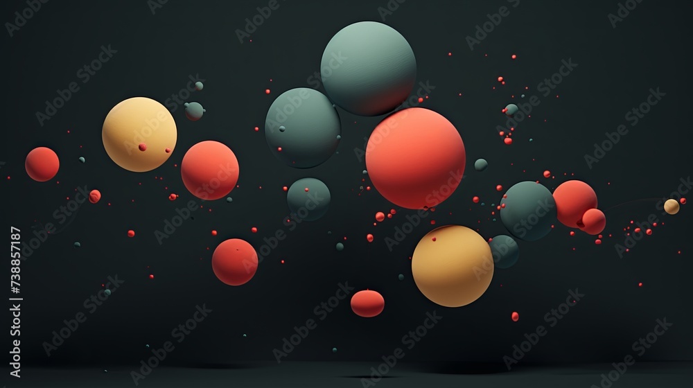 Fototapeta premium Many flying spheres of different sizes in empty space. Abstract background with various balls. Spheric pattern. Illustration for cover, card, postcard, interior design, decor or print.