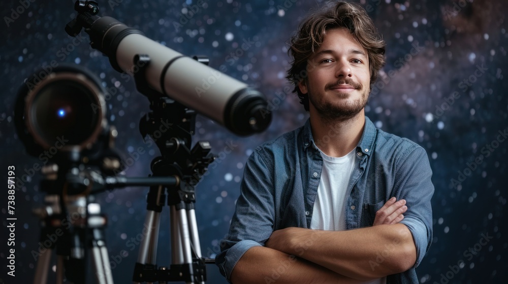 Confident young astronomer with telescope against a starry background