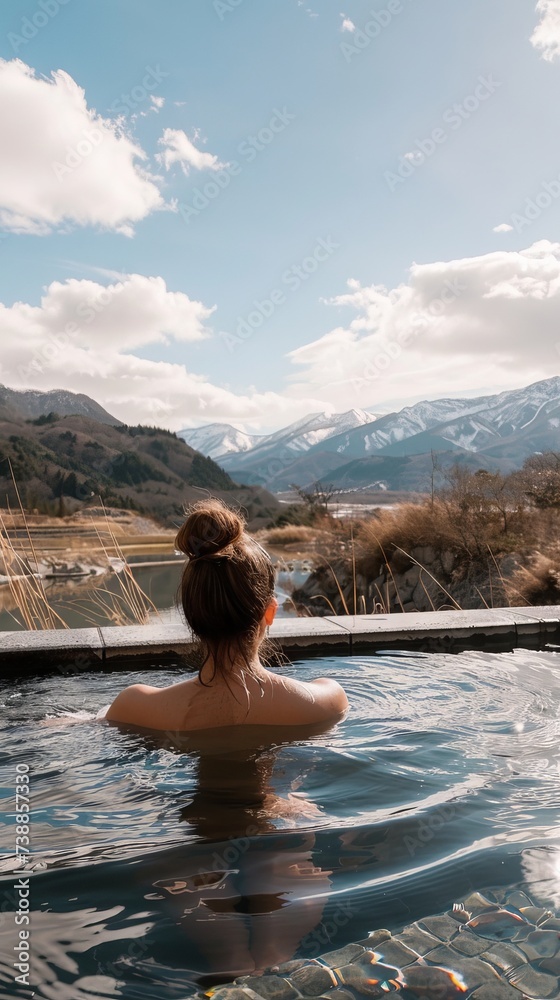 Fototapeta premium Soaking in a rejuvenating natural hot spring with scenic mountain views