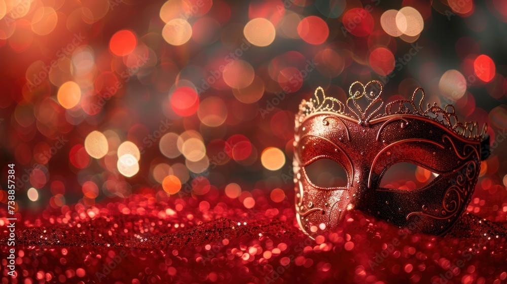 Venetian Masks on Red Glitter with Shiny Streamers Against Abstract Defocused Bokeh Lights.