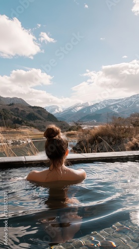 Soaking in a rejuvenating natural hot spring with scenic mountain views