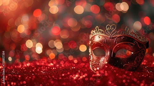 Venetian Masks on Red Glitter with Shiny Streamers Against Abstract Defocused Bokeh Lights.