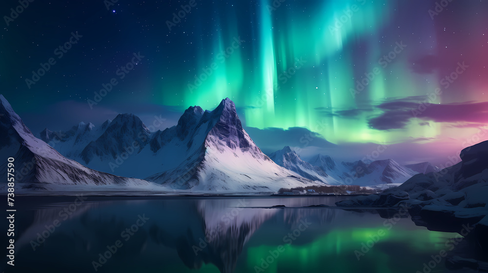 Fototapeta premium Northern Lights, Aurora Borealis, Snowy Mountains at Night