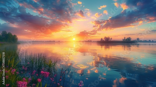 Majestic sunset over a tranquil lake with vibrant hues reflecting on the water © ArtCookStudio
