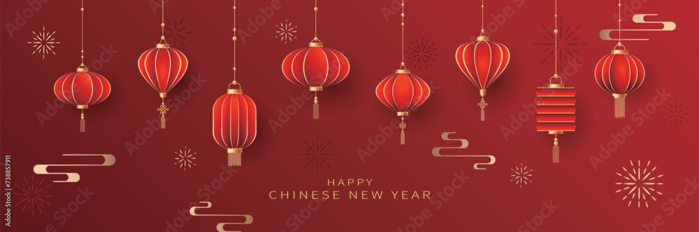 Naklejka premium Chinese new year greeting card with red lantern and plum blossom on red background. Translation: Lunar new year.