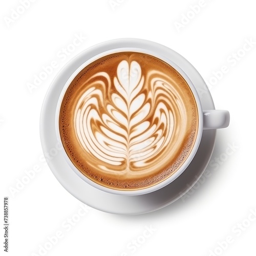 Hot latte art in a white coffee cup isolated on a white background, top view.