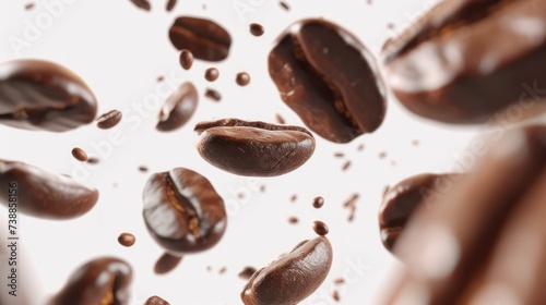 Coffee beans in flight blurred motion effect on white background