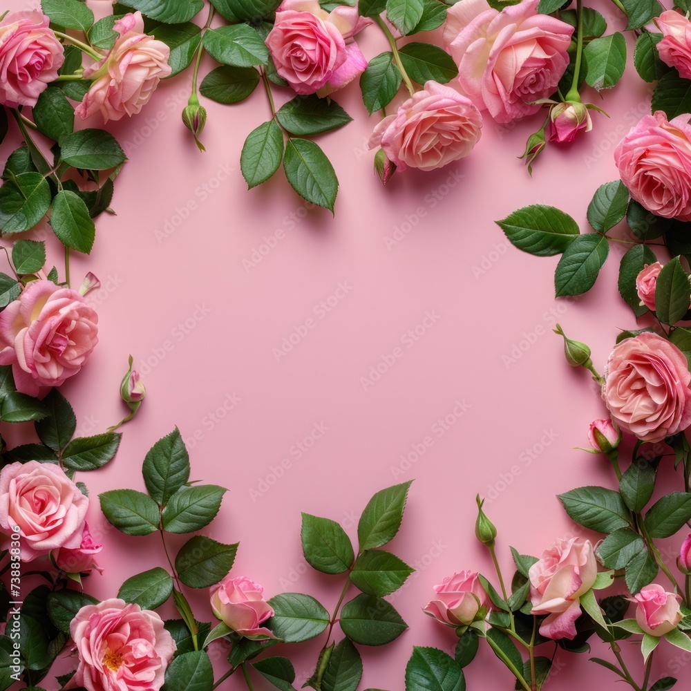 A banner featuring a frame crafted from rose flowers and green leaves against a pink backdrop. A banner featuring a frame crafted from rose flowers and green leaves against a pink backdrop.