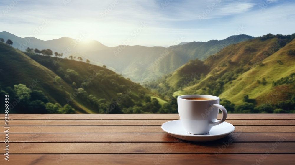 Hot coffee in a white coffee cup on a wooden table a backdrop of high mountain views in the morning. Hot coffee in a white coffee cup on a wooden table a backdrop of high mountain views in the morning.