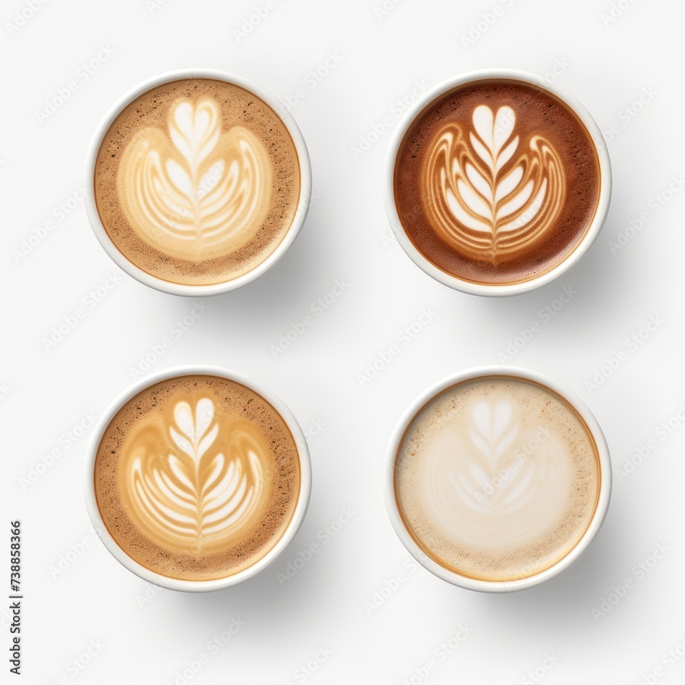 Set of paper takeaway cups of different latte art isolated on a white background, top view Set of paper takeaway cups of different latte art isolated on a white background, top view