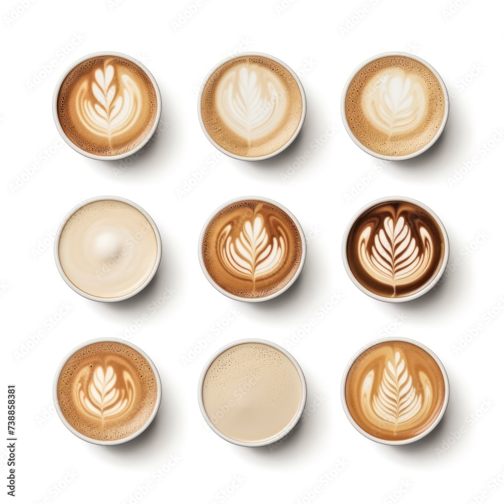 Set of paper takeaway cups of different latte art isolated on a white background, top view Set of paper takeaway cups of different latte art isolated on a white background, top view