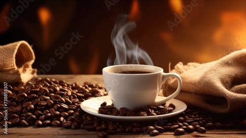 Hot coffee in a white coffee cup coffee beans and a coffee bag placed around on a wooden table in a warm 