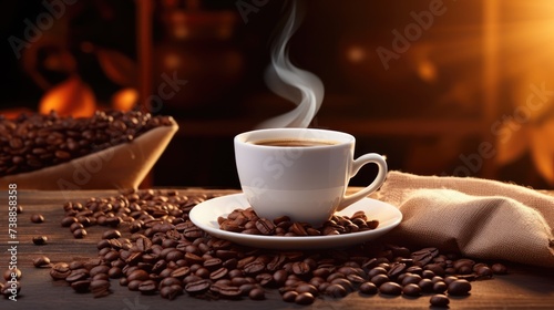 Hot coffee in a white coffee cup coffee beans and a coffee bag placed around on a wooden table in a warm 