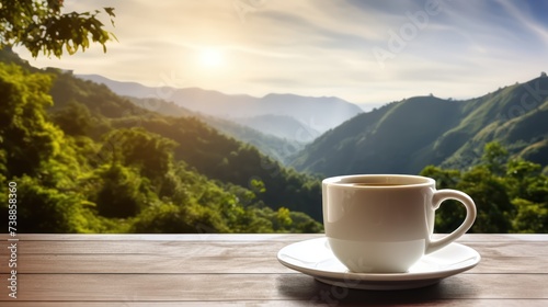 Hot coffee in a white coffee cup on a wooden table a backdrop of high mountain views in the morning. photo