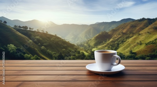 Hot coffee in a white coffee cup on a wooden table a backdrop of high mountain views in the morning.
