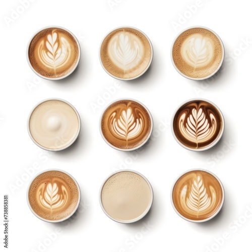Set of paper takeaway cups of different latte art isolated on a white background, top view