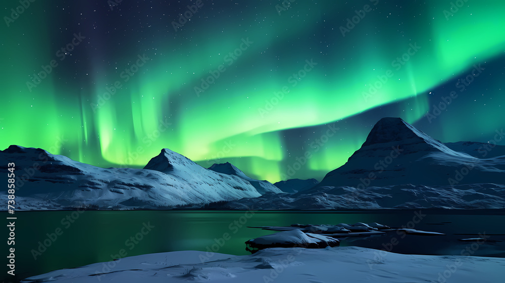 Northern Lights, Aurora Borealis, Snowy Mountains at Night