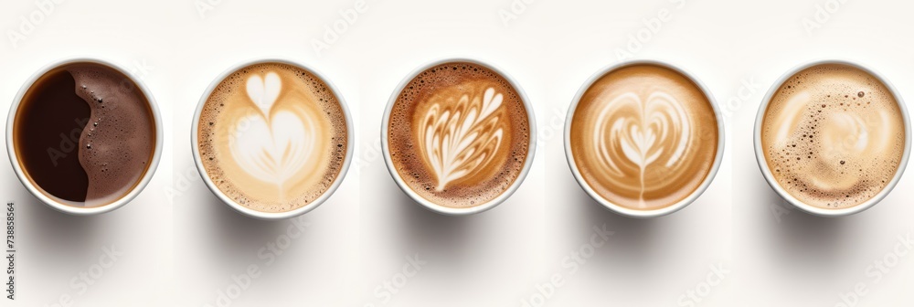 Set of paper takeaway cups of different latte art and black coffee isolated on a white background, top view Set of paper takeaway cups of different latte art and black coffee isolated on a white background, top view
