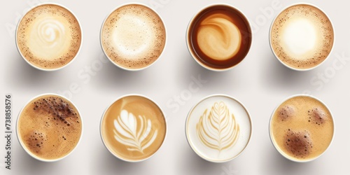 Set of paper takeaway cups of different latte art and black coffee isolated on a white background, top view