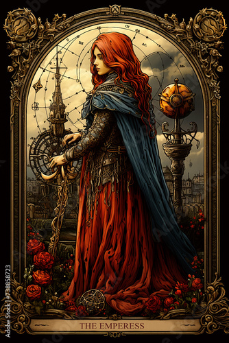 Medieval style tarot card with a red hair emperess image symbol of feminine energy and balance in your life, used in esoteric cartomancy by fortune tellers