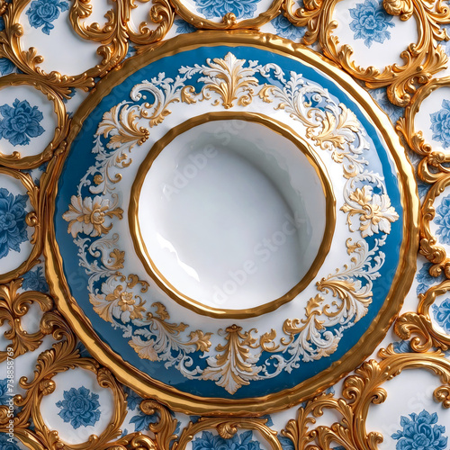 Porcelain plate covered with blue color and gold leaf pattern. Generative ai