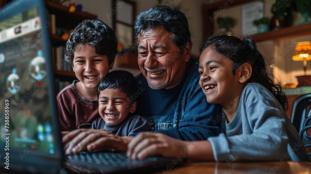 Latin parents and their two children are happily engaging in online entertainment on a laptop - obrazy, fototapety, plakaty 