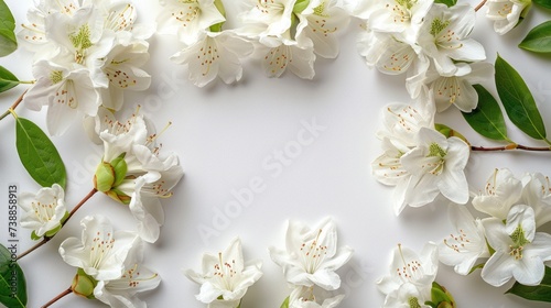 Abstract beautiful minimalistic background empty in the center and with white rhododendron flowers