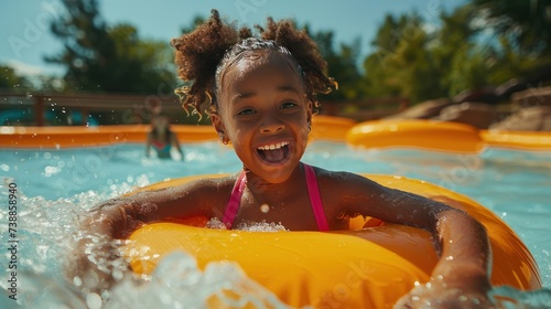 Joyful child on pool float