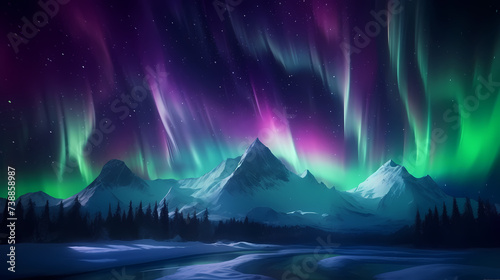 Northern Lights, Aurora Borealis, Snowy Mountains at Night