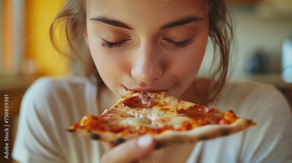 Joyful Woman Savoring Delicious Pizza Joyful Woman Savoring Delicious Pizza