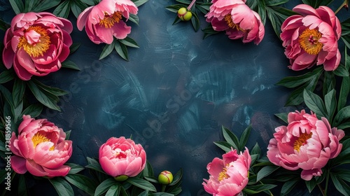 Peonies in a stunning dark-colored frame. Black floral backdrop. Illustrating a festive flower theme