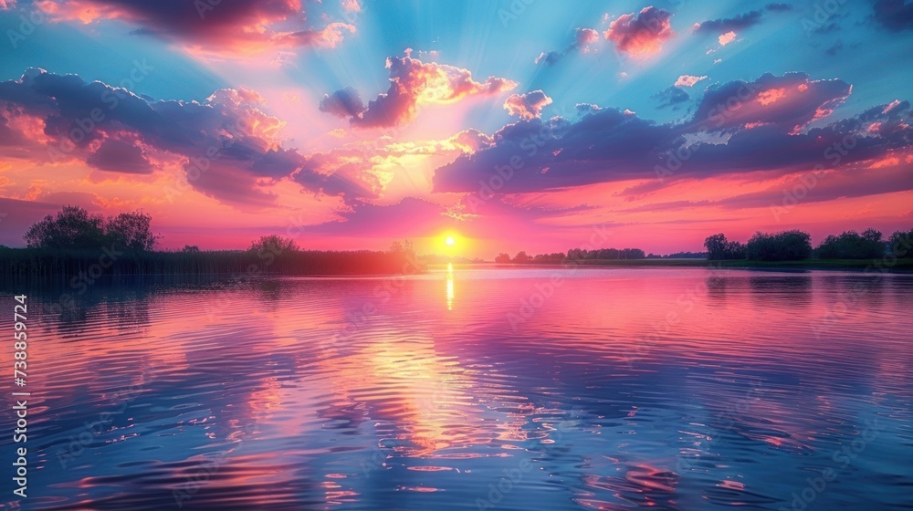 Majestic sunset over a tranquil lake with vibrant hues reflecting on the water