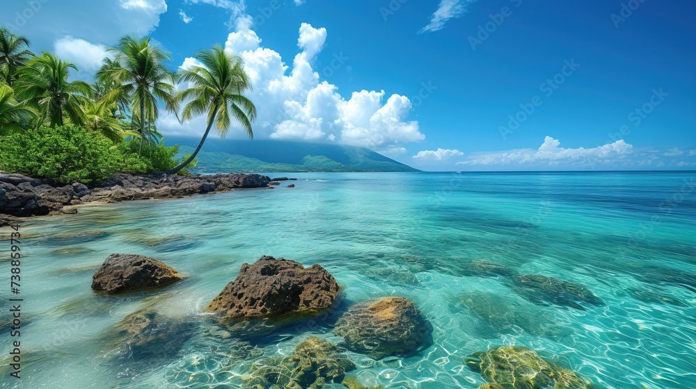 Obraz premium Tropical seascape with clear water in the sea, palm trees on the shore on a sunny day, perfect place for relaxation
