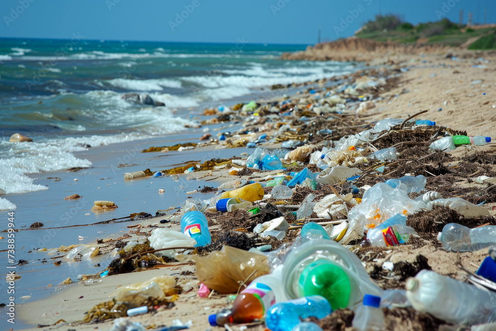 beach littered with trash. There is a lot of garbage on the beach, including plastic bottles, bags