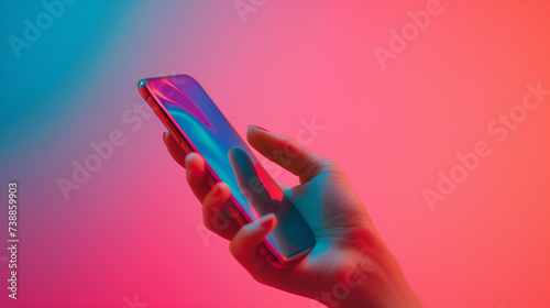 hand holding smart phone on colorful background