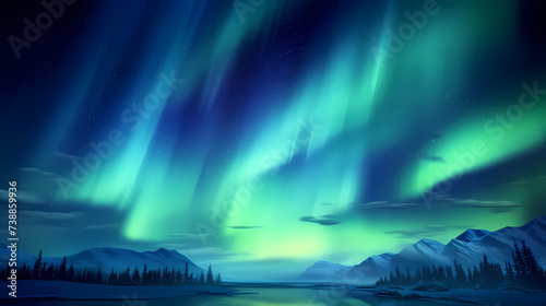 Northern Lights, Aurora Borealis, Snowy Mountains at Night © ma