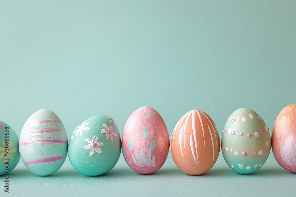Beautiful painted Easter eggs on a pastel turquoise background. Modern Easter eggs are painted with natural mint, turquoise, pink dye.