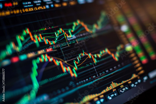 close-up of a cryptocurrency exchange rate chart. The chart is dynamic and informative, and there are other charts in the background