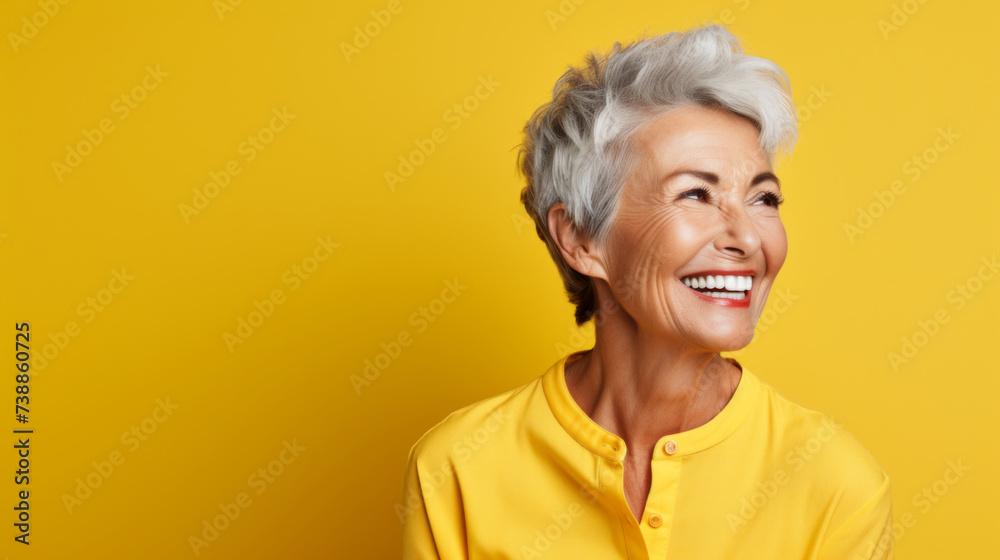 older smiling woman on a yellow background older smiling woman on a yellow background