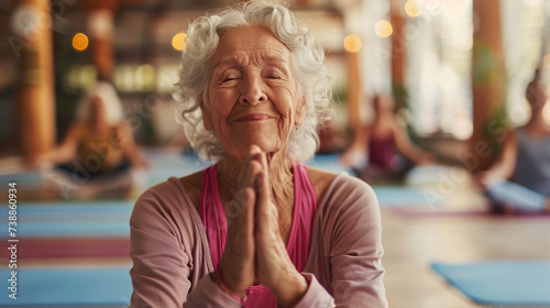 Serene Elderly Lady Practicing Yoga with a Smile