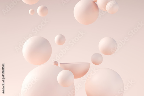 Minimal product podium stage with beige balloons in geometric shape for presentation background. 3D illustration rendering