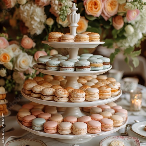 A beautifully plated assortment of macarons and petit fours on a tiered stand, showcasing the elegance and variety of bite-sized desserts  © Nico
