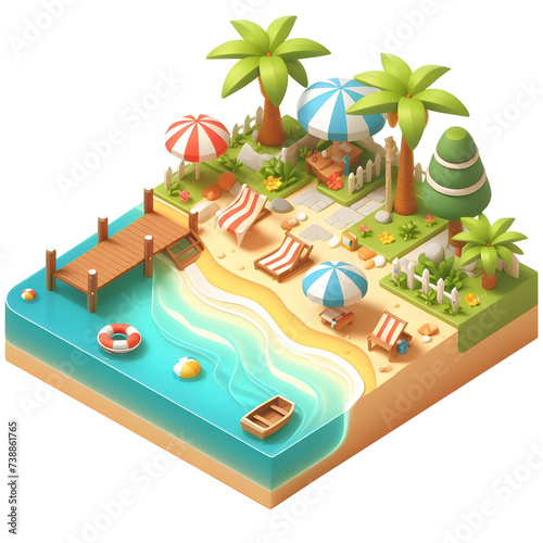 sea beach isometric 3d design Illustration on transparent background PNG