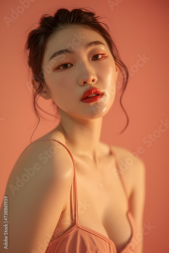 studio portrait of asian top model, warm background