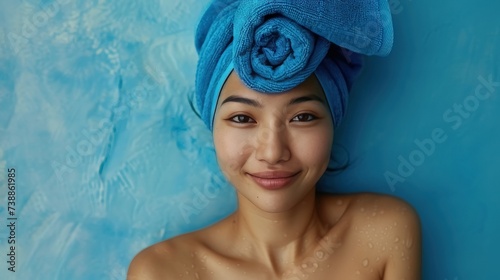 Young and smiling Asian woman with towel drying head 