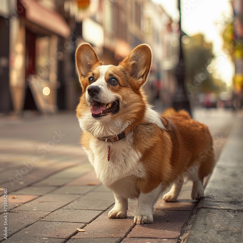 Sophisticated City Strut  A Fashionable Pembroke Welsh Corgi Taking on Urban Adventures  Merging Timeless Charm with a Modern Cityscape Background
