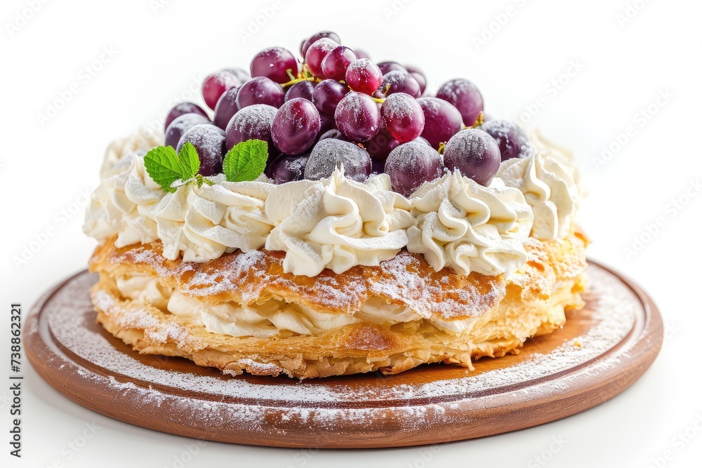 Cake with White Cream Isolated. Puff Pastry and Grape on Top, Generative AI Illustration Cake with White Cream Isolated. Puff Pastry and Grape on Top, Generative AI Illustration