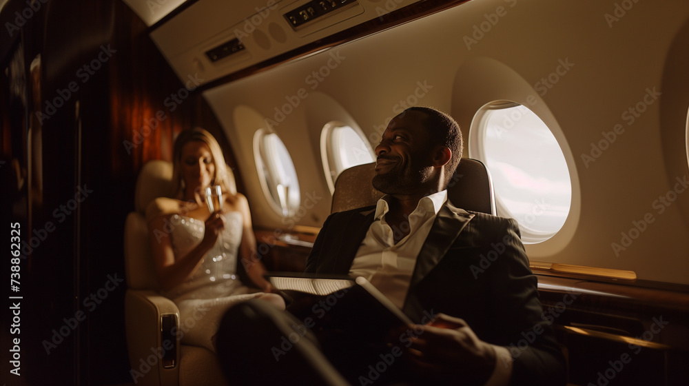 Man in suit sitting in a private jet cabin.