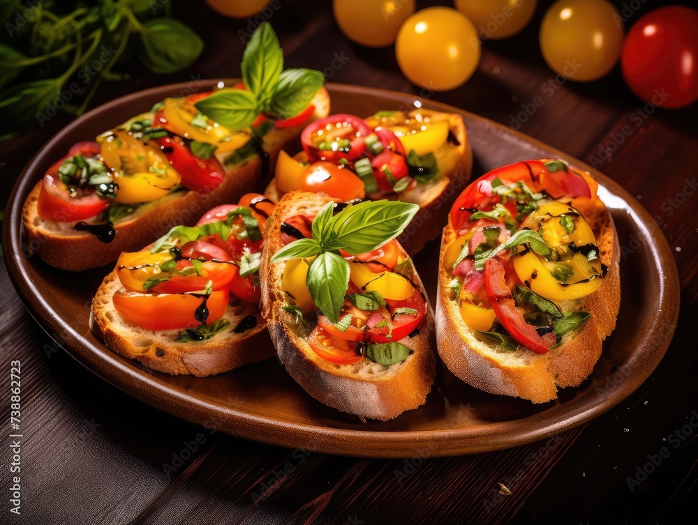 Color Bruschetta, Italian Baguette with Red and Yellow Tomatoes, Basil, Healthy Mediterranean Toast